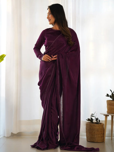 Fascinating Purple Velvet Pre-Stitched Party Wear Saree With Blouse